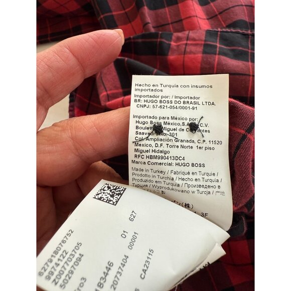 HUGO BOSS Red Black Plaid Button Front Shirt Men’s L Slim Fit Dark Academia - Picture 6 of 10